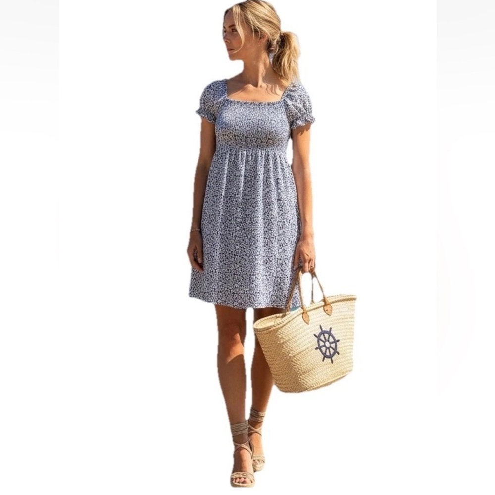 Tuckernuck Sail to Sable Blue White Smocked Nap Dress Puff Short Sleeve Sz S